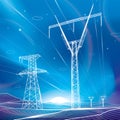 High voltage transmission systems. Electric pole. Neon glow. Night landscape. Power lines. Network of interconnected electrical. W Royalty Free Stock Photo